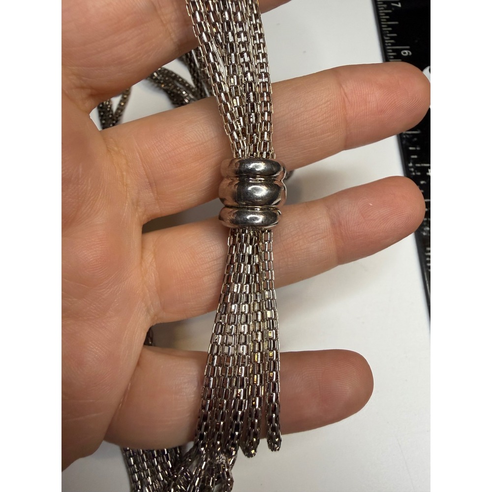 Silver Tone Multi Strand Box Chain Necklace Triple Ring Slider Statement 19in